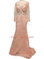 Fine Long Sleeves Brush Train Side Zipper Beading and Hand Made Flower Prom Party Dress