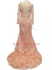 Fine Long Sleeves Brush Train Side Zipper Beading and Hand Made Flower Prom Party Dress