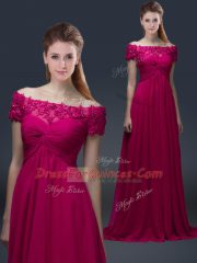 Short Sleeves Lace Up Floor Length Appliques Prom Evening Gown