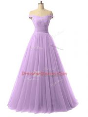 Tulle Off The Shoulder Sleeveless Lace Up Ruching Prom Evening Gown in Lavender