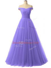 Tulle Off The Shoulder Sleeveless Lace Up Ruching Prom Evening Gown in Lavender