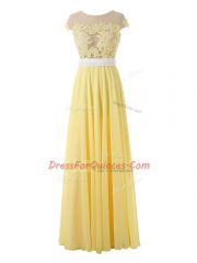 Designer Sleeveless Floor Length Lace and Appliques Side Zipper with Yellow