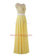 Designer Sleeveless Floor Length Lace and Appliques Side Zipper with Yellow