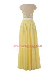 Designer Sleeveless Floor Length Lace and Appliques Side Zipper with Yellow