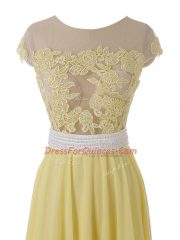 Designer Sleeveless Floor Length Lace and Appliques Side Zipper with Yellow