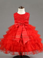 Admirable Organza Sleeveless Knee Length Little Girl Pageant Dress and Ruffled Layers and Bowknot