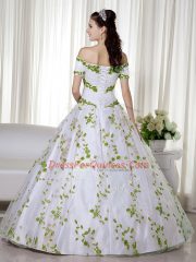 Ball Gowns Quinceanera Gowns White Off The Shoulder Organza Short Sleeves Floor Length Lace Up
