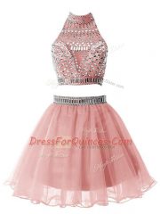 Cute Knee Length Pink Quinceanera Court Dresses High-neck Sleeveless Zipper