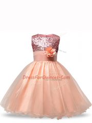 Peach Ball Gowns Sequins and Hand Made Flower Little Girl Pageant Gowns Zipper Organza Sleeveless Knee Length