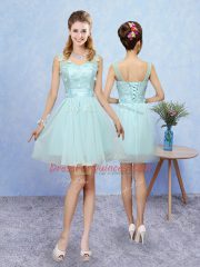 Aqua Blue Tulle Lace Up Damas Dress Sleeveless Mini Length Appliques