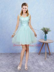 Aqua Blue Tulle Lace Up Damas Dress Sleeveless Mini Length Appliques