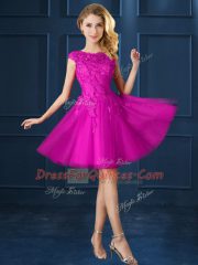 Fabulous Lace and Belt Damas Dress Fuchsia Lace Up Cap Sleeves Knee Length