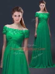 Green Lace Up Prom Party Dress Appliques Short Sleeves Floor Length