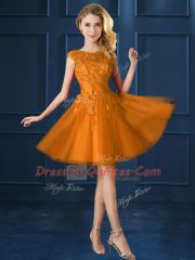 Gold Tulle Lace Up Dama Dress for Quinceanera Cap Sleeves Knee Length Lace and Belt