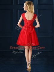 Gold Tulle Lace Up Dama Dress for Quinceanera Cap Sleeves Knee Length Lace and Belt