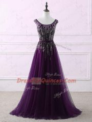Deluxe Eggplant Purple Scoop Sleeveless Sweep Train Zipper