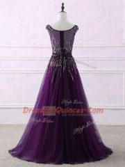 Deluxe Eggplant Purple Scoop Sleeveless Sweep Train Zipper