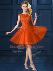 Sumptuous Orange Red Bateau Lace Up Lace and Belt Dama Dress for Quinceanera Cap Sleeves