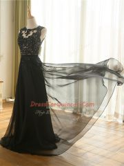 Shining Floor Length Black Prom Evening Gown Tulle Sleeveless Lace and Appliques