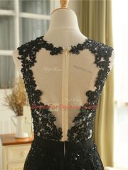 Shining Floor Length Black Prom Evening Gown Tulle Sleeveless Lace and Appliques