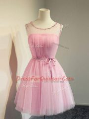 Gorgeous Rose Pink Lace Up Court Dresses for Sweet 16 Belt Sleeveless Knee Length