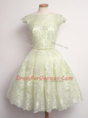 Fantastic Light Yellow Cap Sleeves Lace Knee Length Court Dresses for Sweet 16