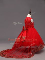 Eye-catching High Low Zipper Pageant Gowns For Girls Red for Wedding Party with Lace and Bowknot