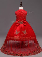 Eye-catching High Low Zipper Pageant Gowns For Girls Red for Wedding Party with Lace and Bowknot