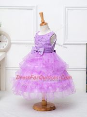 Organza Scoop Sleeveless Zipper Ruffled Layers and Bowknot Little Girls Pageant Gowns in Lilac