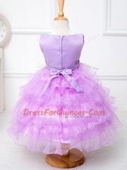 Organza Scoop Sleeveless Zipper Ruffled Layers and Bowknot Little Girls Pageant Gowns in Lilac