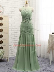 Olive Green Chiffon Zipper Prom Evening Gown Sleeveless Brush Train Ruching and Hand Made Flower