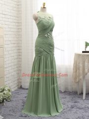 Olive Green Chiffon Zipper Prom Evening Gown Sleeveless Brush Train Ruching and Hand Made Flower