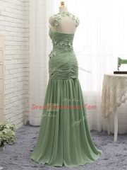 Olive Green Chiffon Zipper Prom Evening Gown Sleeveless Brush Train Ruching and Hand Made Flower