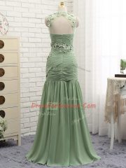 Olive Green Chiffon Zipper Prom Evening Gown Sleeveless Brush Train Ruching and Hand Made Flower