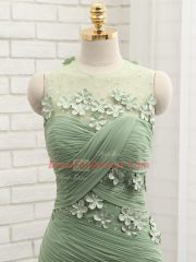 Olive Green Chiffon Zipper Prom Evening Gown Sleeveless Brush Train Ruching and Hand Made Flower