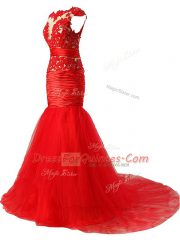 Gorgeous Red Prom Dress Prom and Party and Military Ball with Lace and Appliques and Ruching Scoop Cap Sleeves Brush Train Zipper