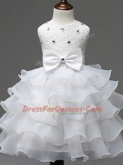 Classical White Scoop Zipper Lace and Ruffled Layers and Bowknot Girls Pageant Dresses Sleeveless