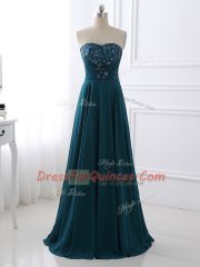 Top Selling Floor Length Teal Prom Evening Gown Chiffon Sleeveless Sequins and Ruching
