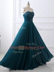 Top Selling Floor Length Teal Prom Evening Gown Chiffon Sleeveless Sequins and Ruching