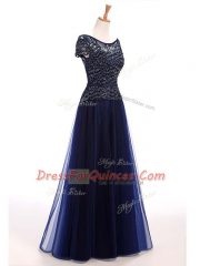 Short Sleeves Floor Length Beading Lace Up Prom Gown with Navy Blue
