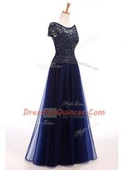 Short Sleeves Floor Length Beading Lace Up Prom Gown with Navy Blue