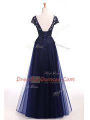 Short Sleeves Floor Length Beading Lace Up Prom Gown with Navy Blue