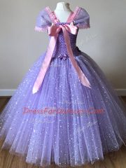 Multi-color Tulle Side Zipper Off The Shoulder Cap Sleeves Floor Length Little Girl Pageant Gowns Sequins and Bowknot