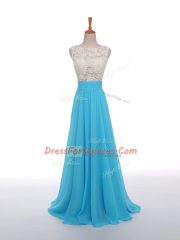 Customized Baby Blue Empire Chiffon Scoop Sleeveless Lace and Appliques Floor Length Side Zipper Prom Gown