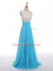Customized Baby Blue Empire Chiffon Scoop Sleeveless Lace and Appliques Floor Length Side Zipper Prom Gown