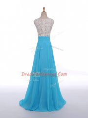 Customized Baby Blue Empire Chiffon Scoop Sleeveless Lace and Appliques Floor Length Side Zipper Prom Gown