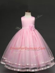 Sleeveless Tulle Floor Length Zipper Little Girl Pageant Dress in Baby Pink with Hand Made Flower