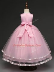 Sleeveless Tulle Floor Length Zipper Little Girl Pageant Dress in Baby Pink with Hand Made Flower