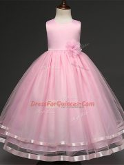 Sleeveless Tulle Floor Length Zipper Little Girl Pageant Dress in Baby Pink with Hand Made Flower