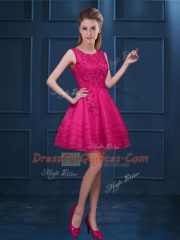 Popular Hot Pink Sleeveless Tulle Zipper Quinceanera Court of Honor Dress for Prom and Party